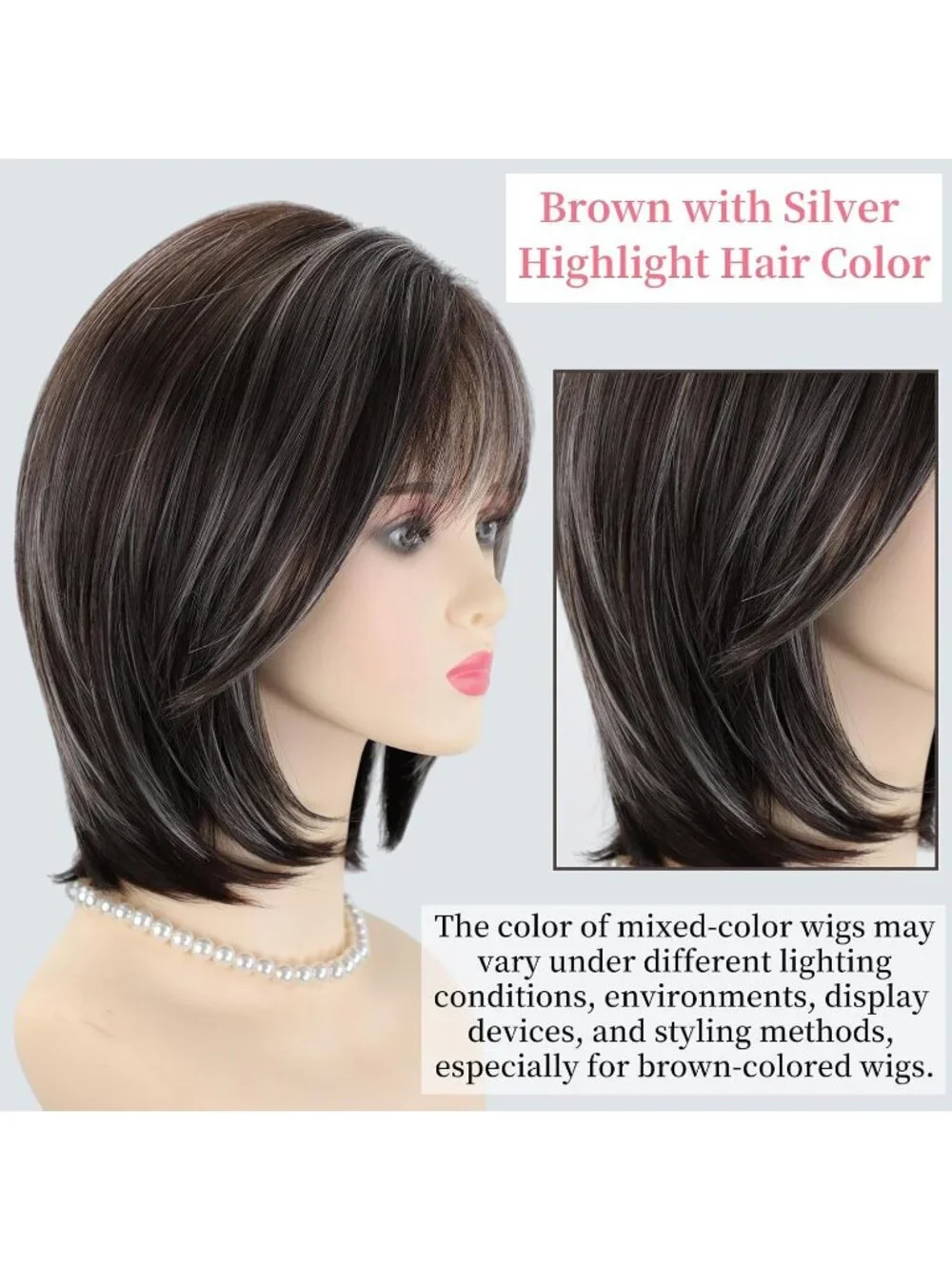 Women's Brown Silver 12 Inch Mid Length Heat Synthetic Straight Layered Bob Wigs